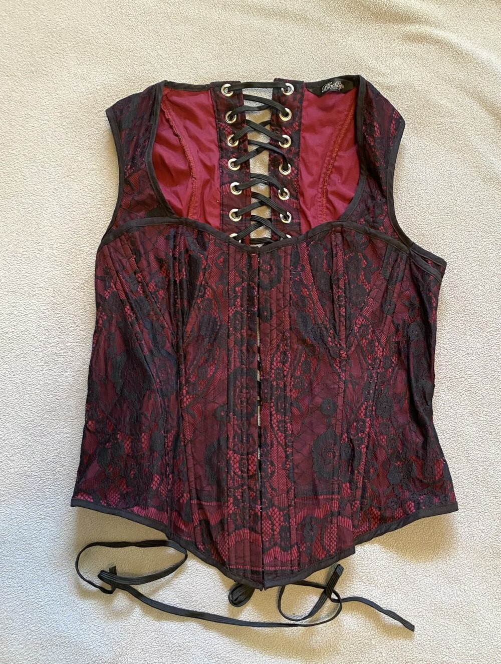 Lip Service Blacklist 2000's Red And Black Lace Cami Boned Corset Laced Top L